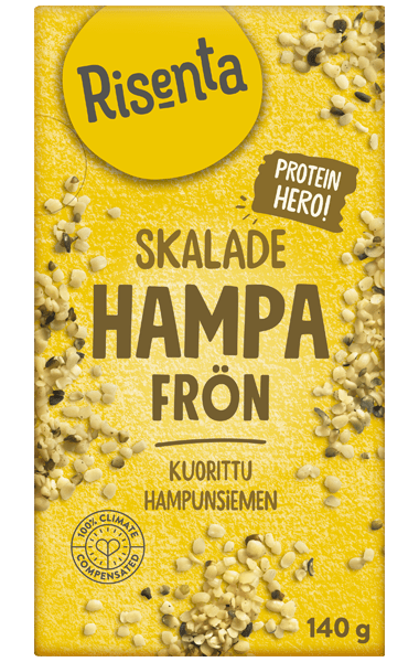 Förpackning med skalade hampafrön från Risenta