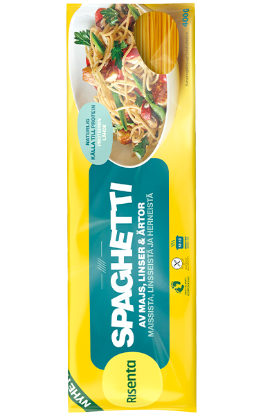 Förpackning med spaghetti gjord av majs, linser och ärtor från Risenta