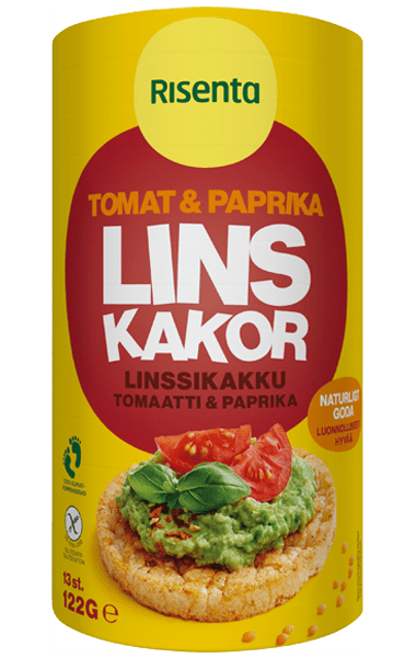 Förpackning med linskakor smaksatta med tomat och paprika från Risenta