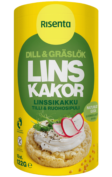 Förpackning med linskakor smaksatta med dill och gräslök från Risenta