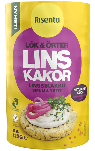 Förpackning med linskakor smaksatta med lök och örter från Risenta