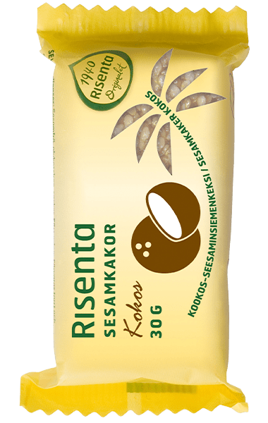 Förpackning med sesamkakor smaksatta med kokos från Risenta